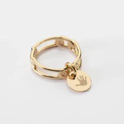 Sale HappyBulle Bague chaine maille large plaqué or personnalisée médaille gravée 10 mm Plaqué or 18k