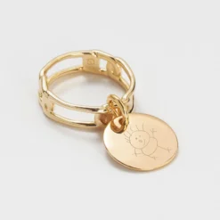 Discount HappyBulle Bague chaine maille large plaqué or personnalisée médaille gravée 15 mm Plaqué or 18k