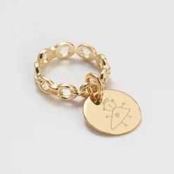 Clearance HappyBulle Bague chaine maille ronde plaqué or personnalisée médaille gravée 15 mm Plaqué or 18k
