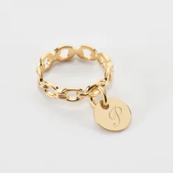 HappyBulle Bague chaine maille ronde plaqué or personnalisée médaille gravée 10 mm Plaqué or 18k