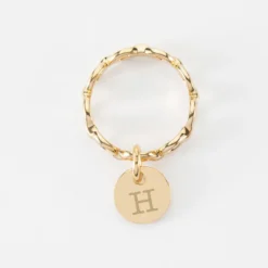 HappyBulle Bague chaine maille ronde plaqué or personnalisée médaille gravée 10 mm Plaqué or 18k
