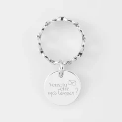 Outlet HappyBulle Bague EVJF chaine maille ronde argent personnalisée médaille gravée 15 mm Argent rhodié 925