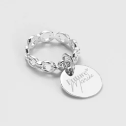 Outlet HappyBulle Bague EVJF chaine maille ronde argent personnalisée médaille gravée 15 mm Argent rhodié 925