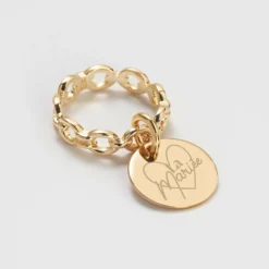Outlet HappyBulle Bague EVJF chaine maille ronde plaqué or personnalisée médaille gravée 15 mm Plaqué or 18k