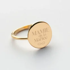 Best HappyBulle Bague Famille des mariés plateau personnalisée plaqué or médaille gravée 15 mm Plaqué or 18k