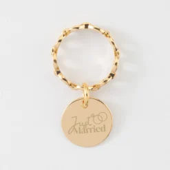New HappyBulle Bague Mariée chaine maille ronde plaqué or personnalisée médaille gravée 15 mm Plaqué or 18k
