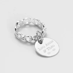 HappyBulle Bague Mariée chaine maille ronde argent personnalisée médaille gravée 15 mm Argent rhodié 925