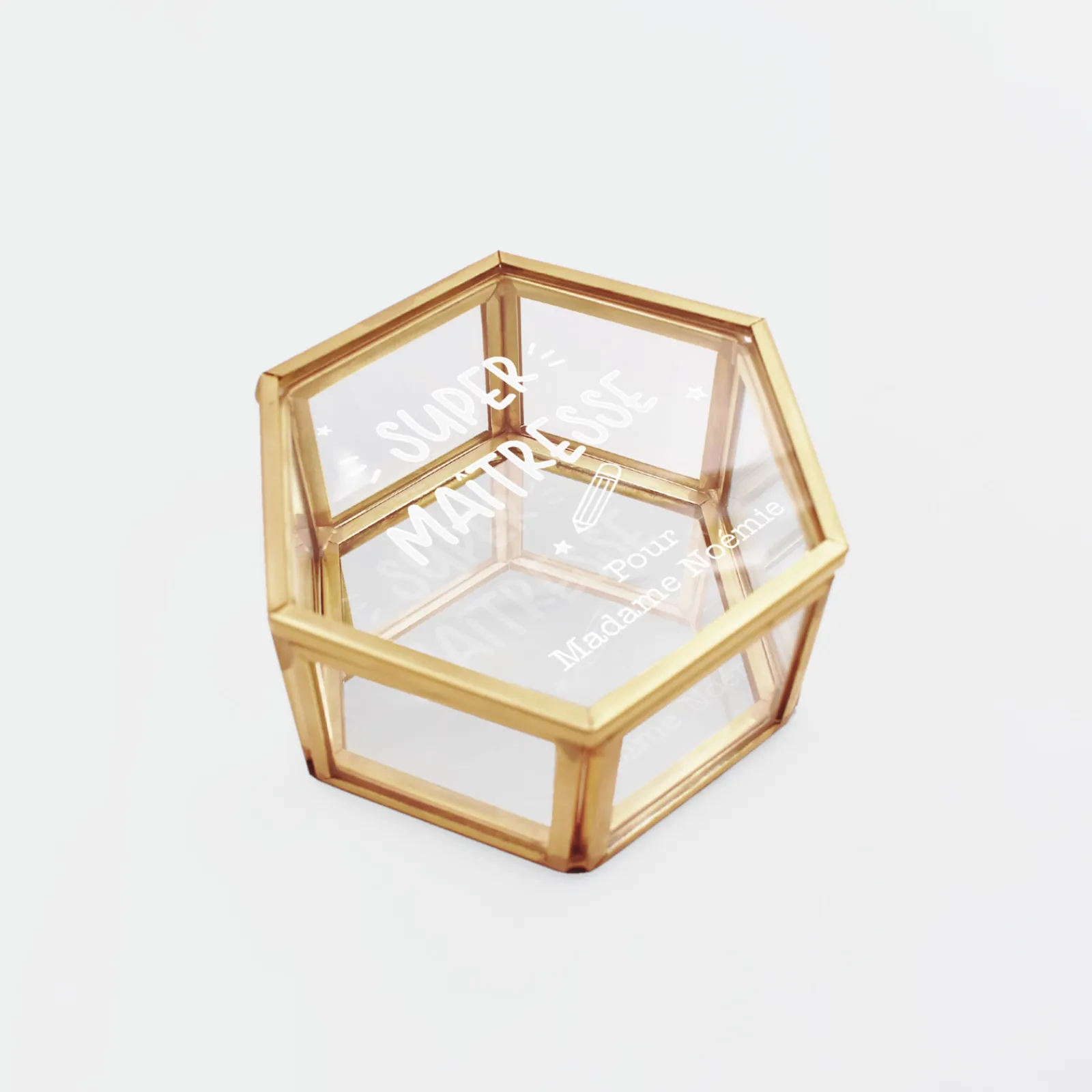 Best HappyBulle Boîte à bijoux personnalisée hexagonale 8x7x4 cm verre gravé - Edition spéciale "Super maîtresse"