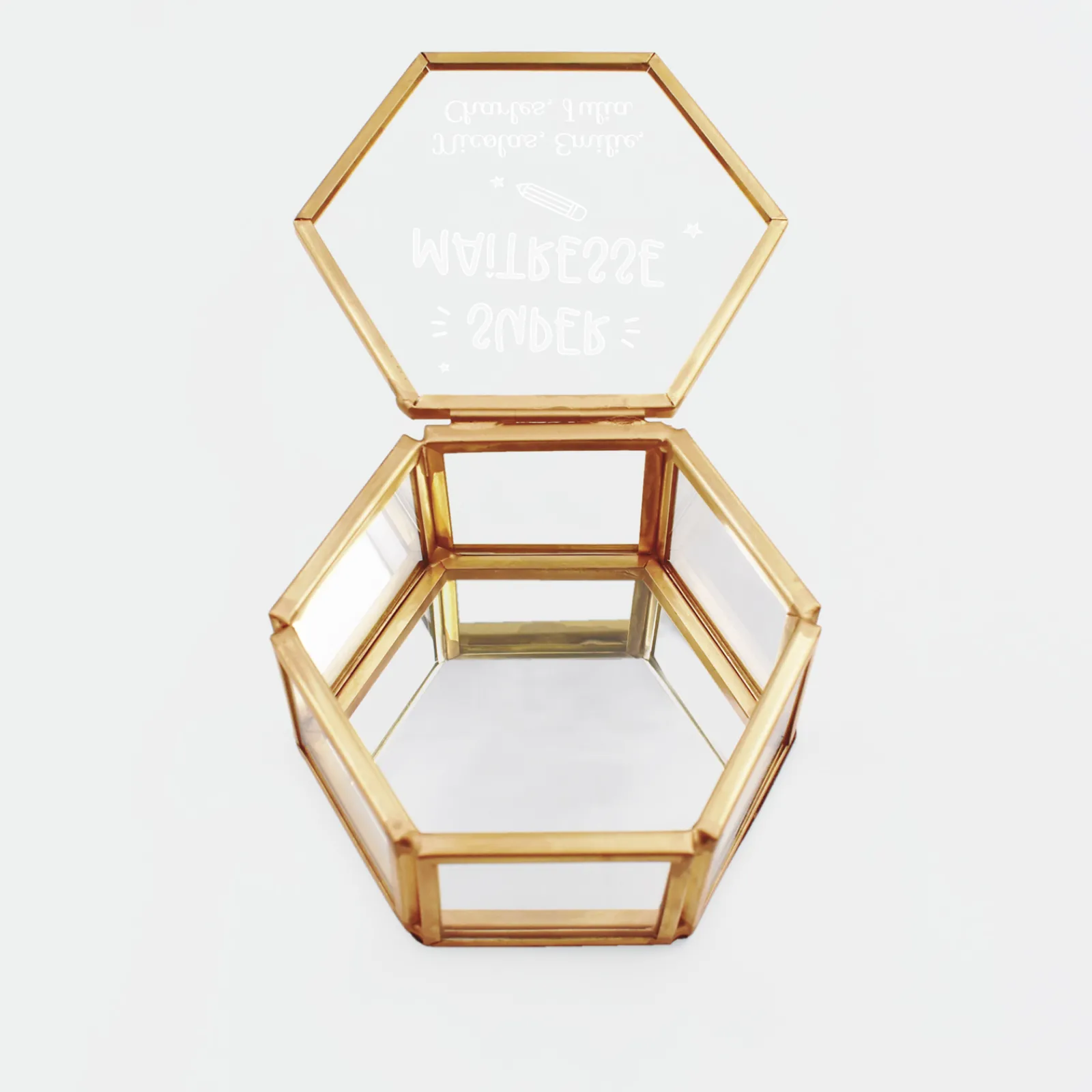Best HappyBulle Boîte à bijoux personnalisée hexagonale 8x7x4 cm verre gravé - Edition spéciale "Super maîtresse"