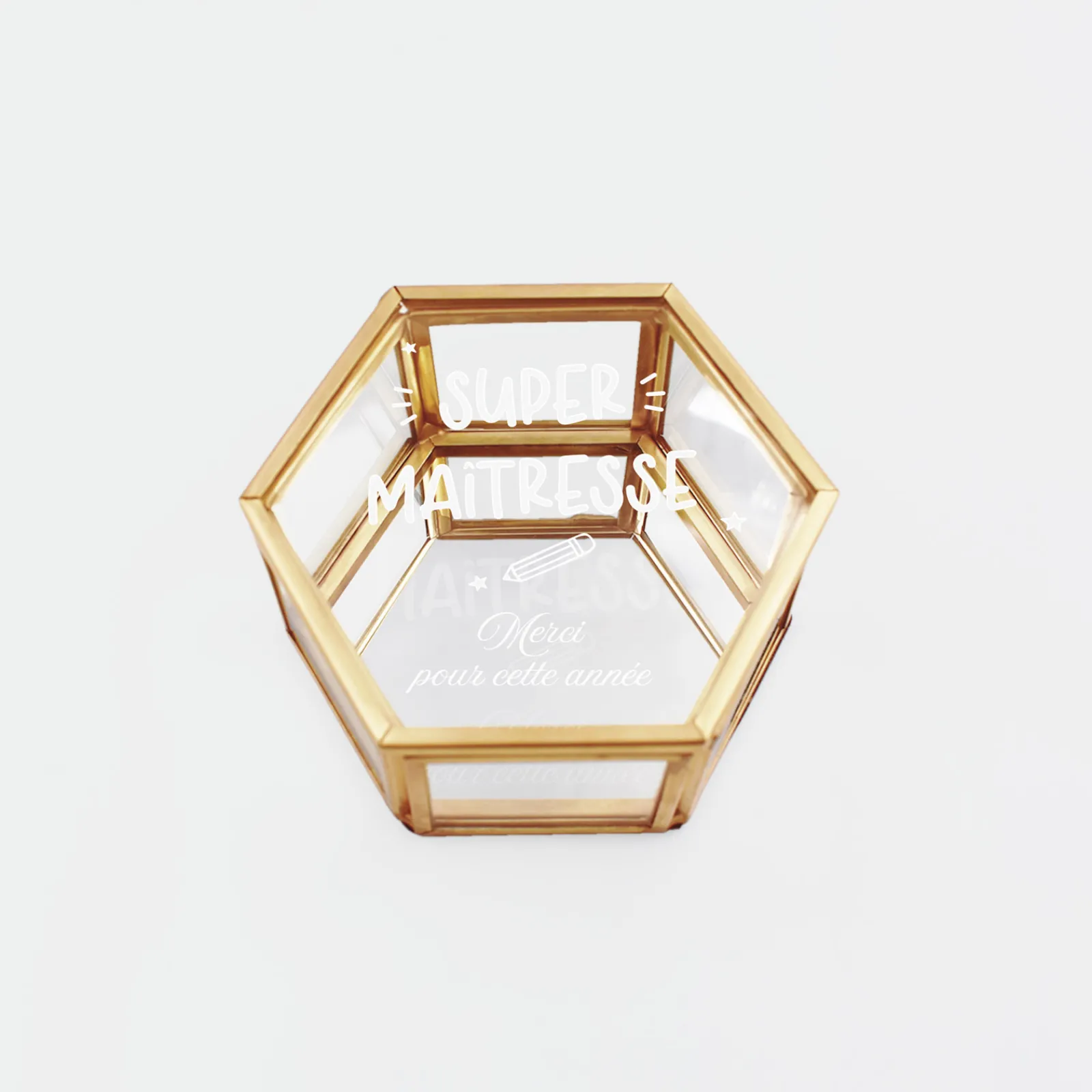 Best HappyBulle Boîte à bijoux personnalisée hexagonale 8x7x4 cm verre gravé - Edition spéciale "Super maîtresse"