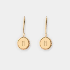 New HappyBulle Boucles d'oreilles bohème personnalisées médailles gravées plaqué or initiale 11 mm Plaqué or 18k