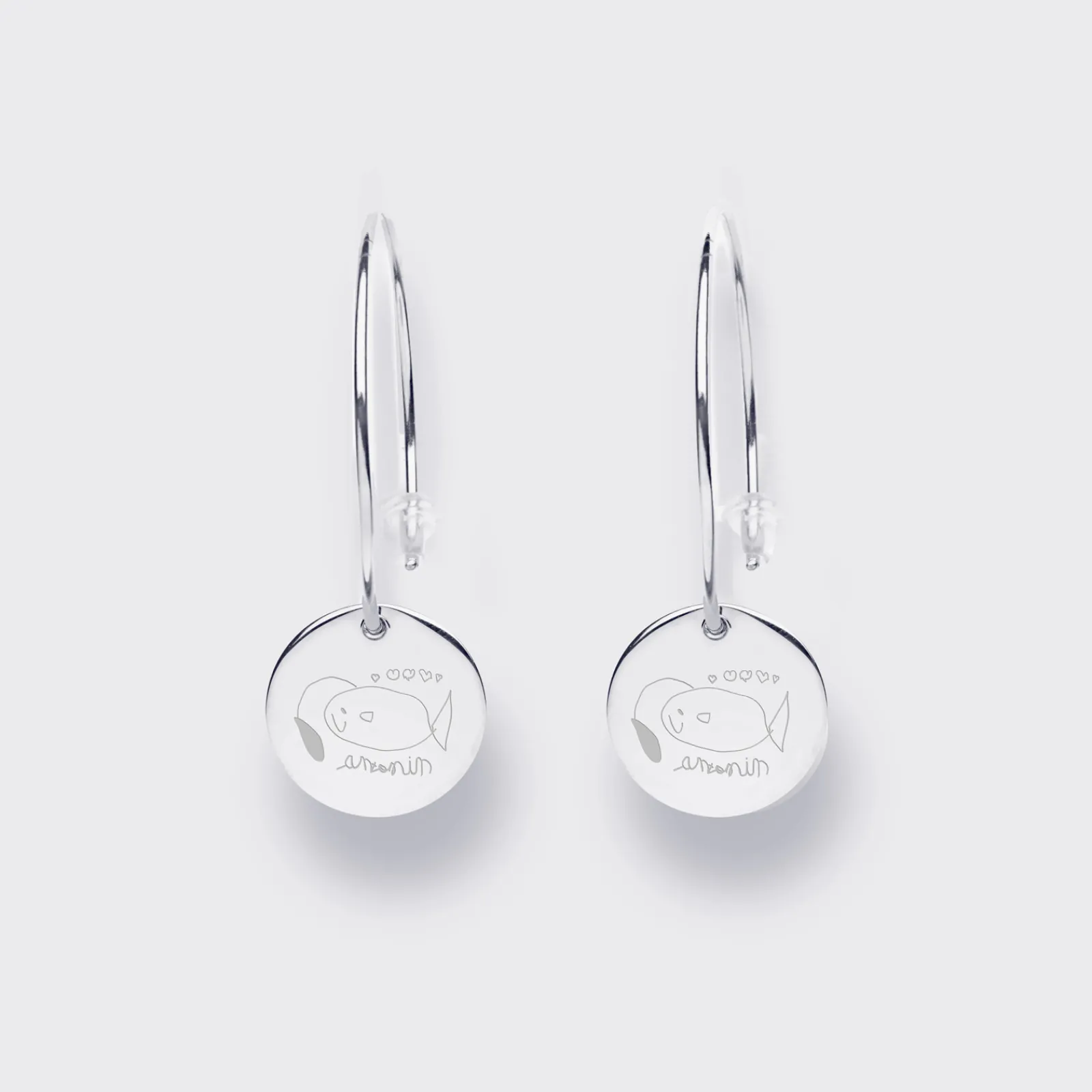 HappyBulle Boucles d'oreilles créoles médailles personnalisées gravées argent 15 mm Argent rhodié 925
