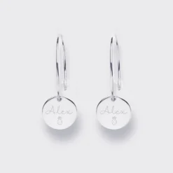 HappyBulle Boucles d'oreilles créoles médailles personnalisées gravées argent 15 mm Argent rhodié 925