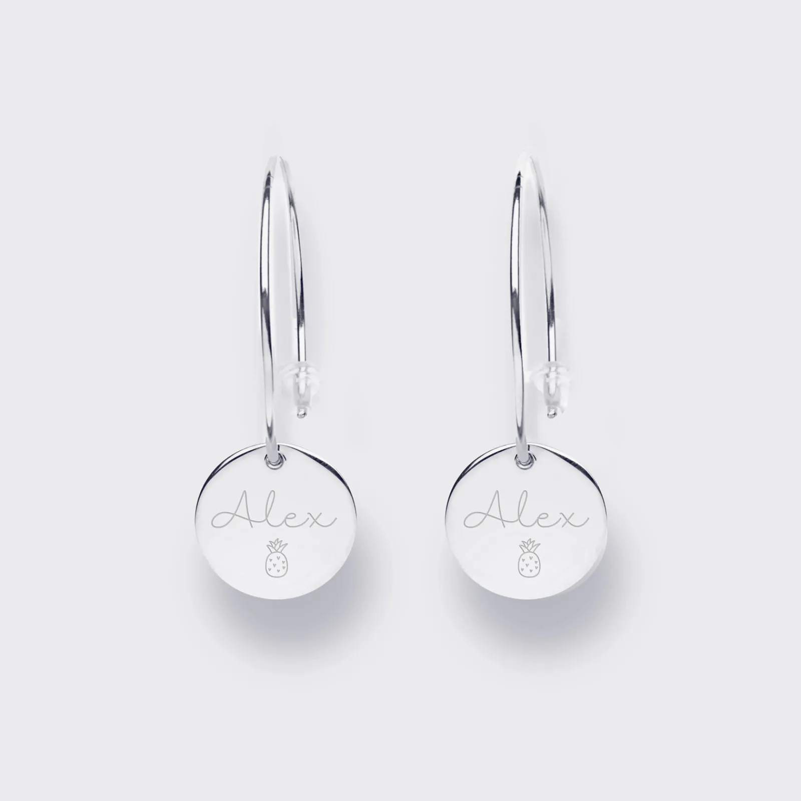 HappyBulle Boucles d'oreilles créoles médailles personnalisées gravées argent 15 mm Argent rhodié 925