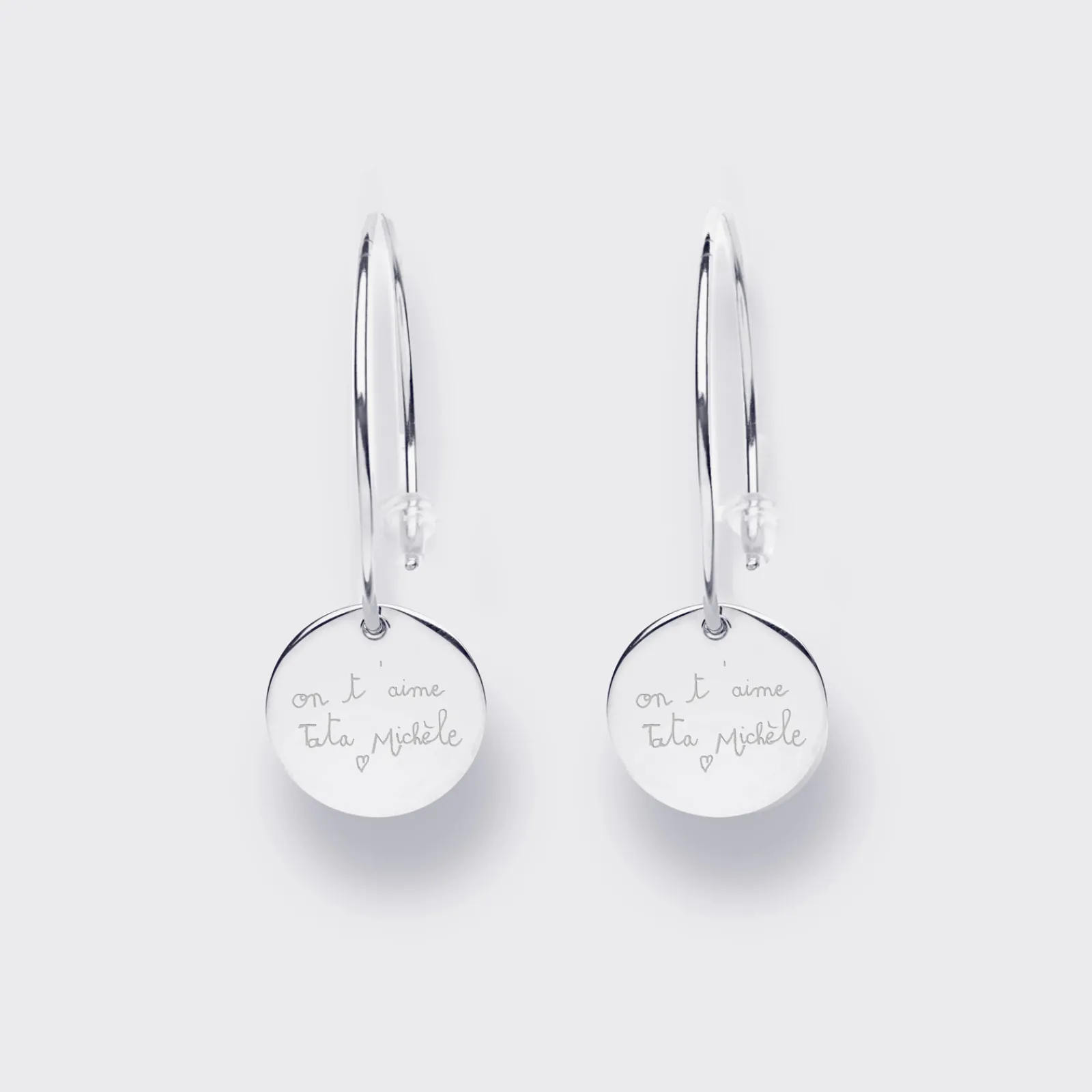 HappyBulle Boucles d'oreilles créoles médailles personnalisées gravées argent 15 mm Argent rhodié 925