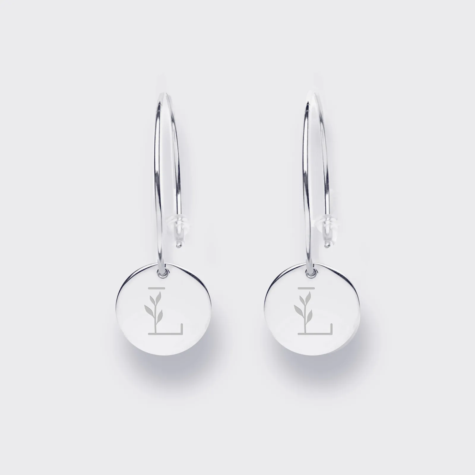 HappyBulle Boucles d'oreilles créoles médailles personnalisées gravées argent 15 mm Argent rhodié 925