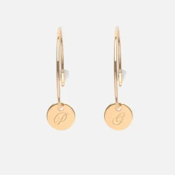 Clearance HappyBulle Boucles d'oreilles créoles médailles personnalisées gravées plaqué or initiale 10 mm Plaqué or 18k