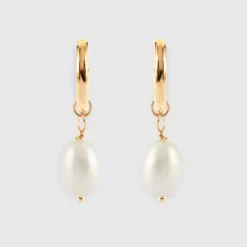 New HappyBulle Boucles d'oreilles créoles perle nacre plaqué or Blanche