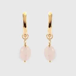 HappyBulle Boucles d'oreilles créoles pierre quartz plaqué or Rose