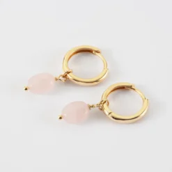 HappyBulle Boucles d'oreilles créoles pierre quartz plaqué or Rose