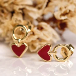 Hot HappyBulle Boucles d'oreilles cœur émail rouge plaqué or