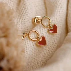 Hot HappyBulle Boucles d'oreilles cœur émail rouge plaqué or