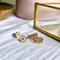 New HappyBulle Boucles d'oreilles émail blanc soleil plaqué or Email blanc