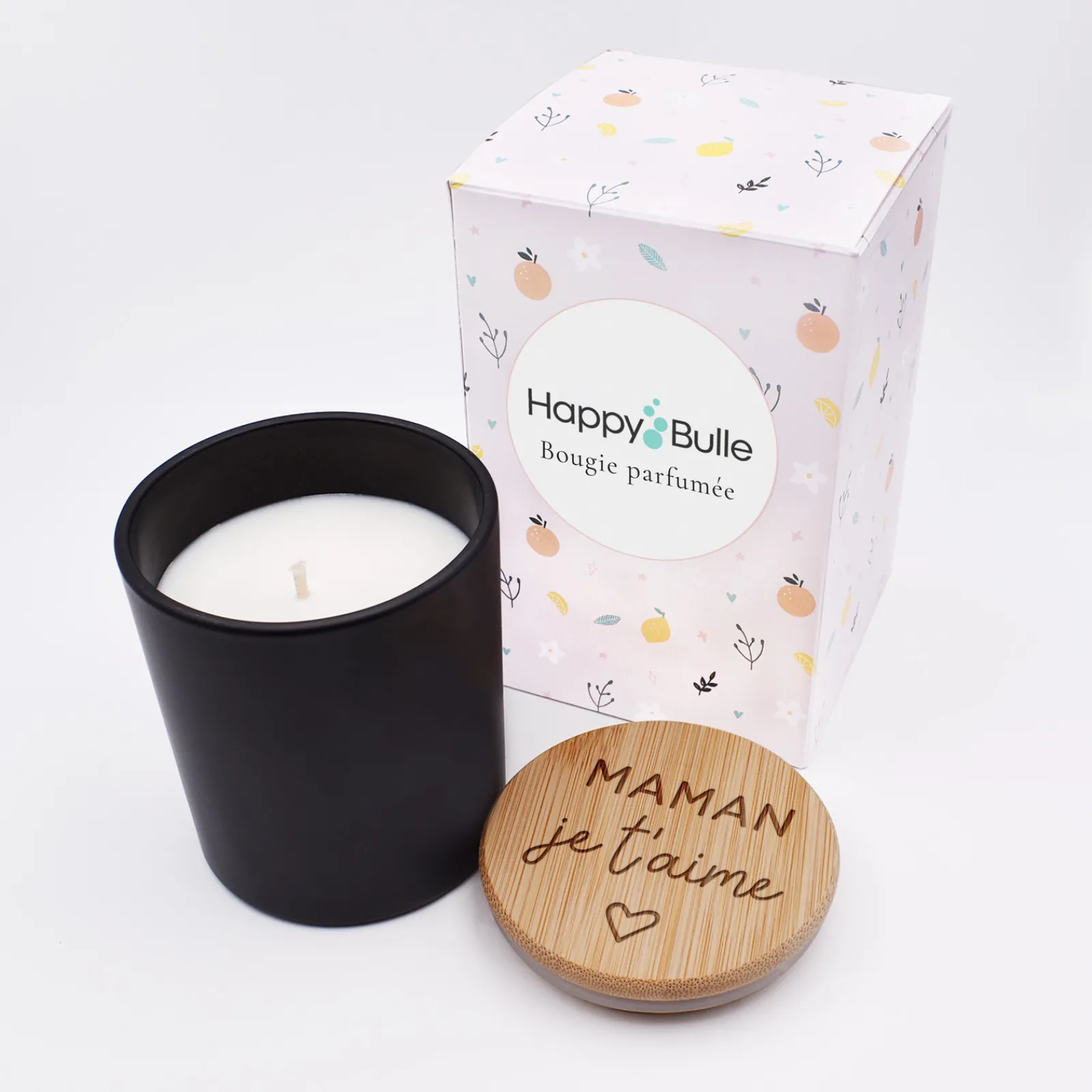 HappyBulle Bougie parfumée personnalisé couvercle bois gravé Fleur d'oranger