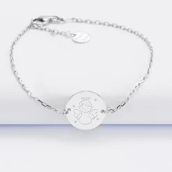 HappyBulle Bracelet baptême enfant chaîne personnalisé médaille gravée argent 2 trous 15 mm Argent rhodié 925