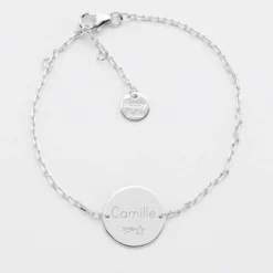 HappyBulle Bracelet baptême enfant chaîne personnalisé médaille gravée argent 2 trous 15 mm Argent rhodié 925