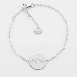 HappyBulle Bracelet baptême enfant chaîne personnalisé médaille gravée argent 2 trous 15 mm Argent rhodié 925