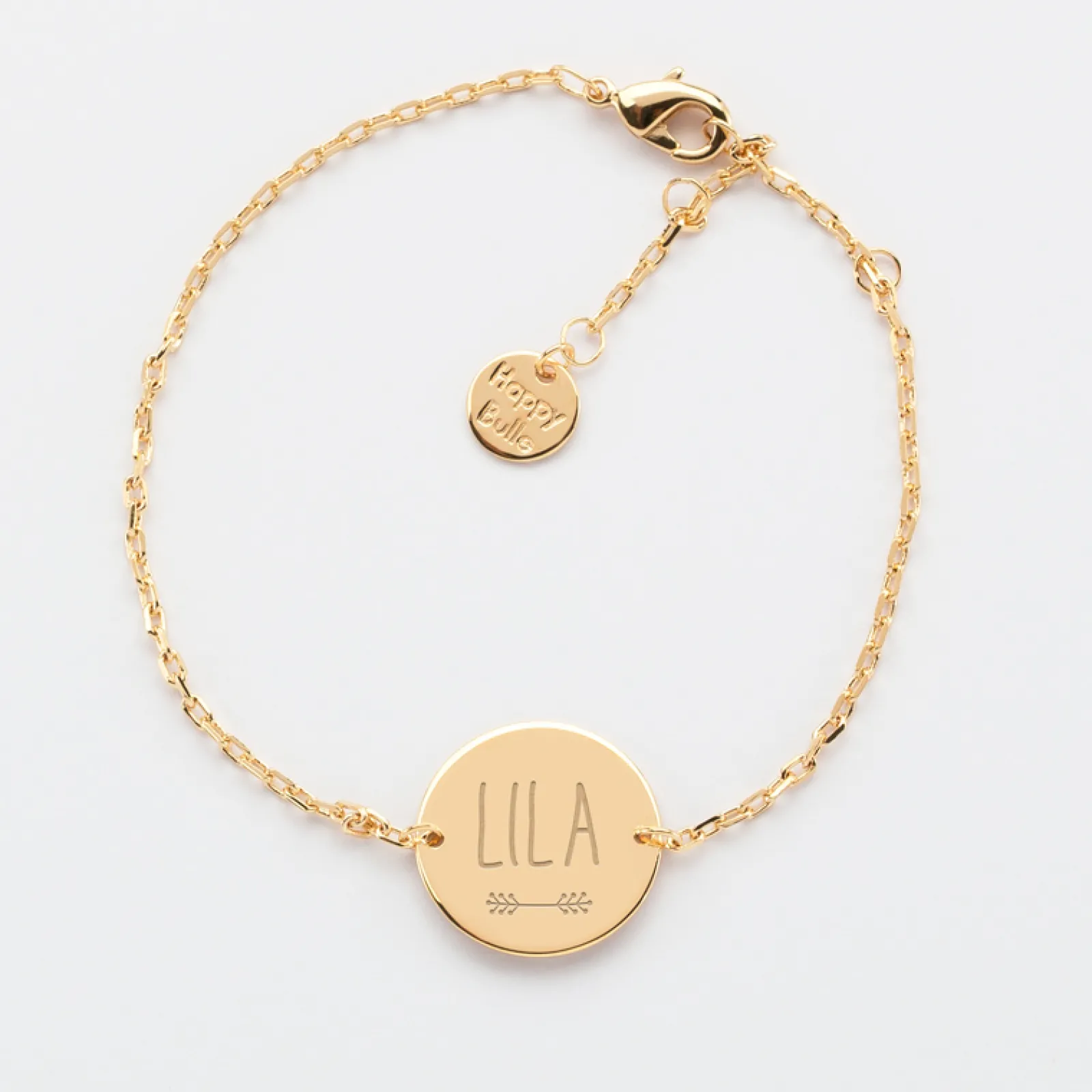 New HappyBulle Bracelet Baptême enfant chaîne personnalisé médaille gravée plaqué or 2 trous 15 mm Plaqué or 18k