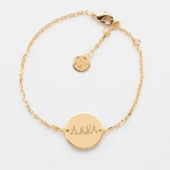 New HappyBulle Bracelet Baptême enfant chaîne personnalisé médaille gravée plaqué or 2 trous 15 mm Plaqué or 18k