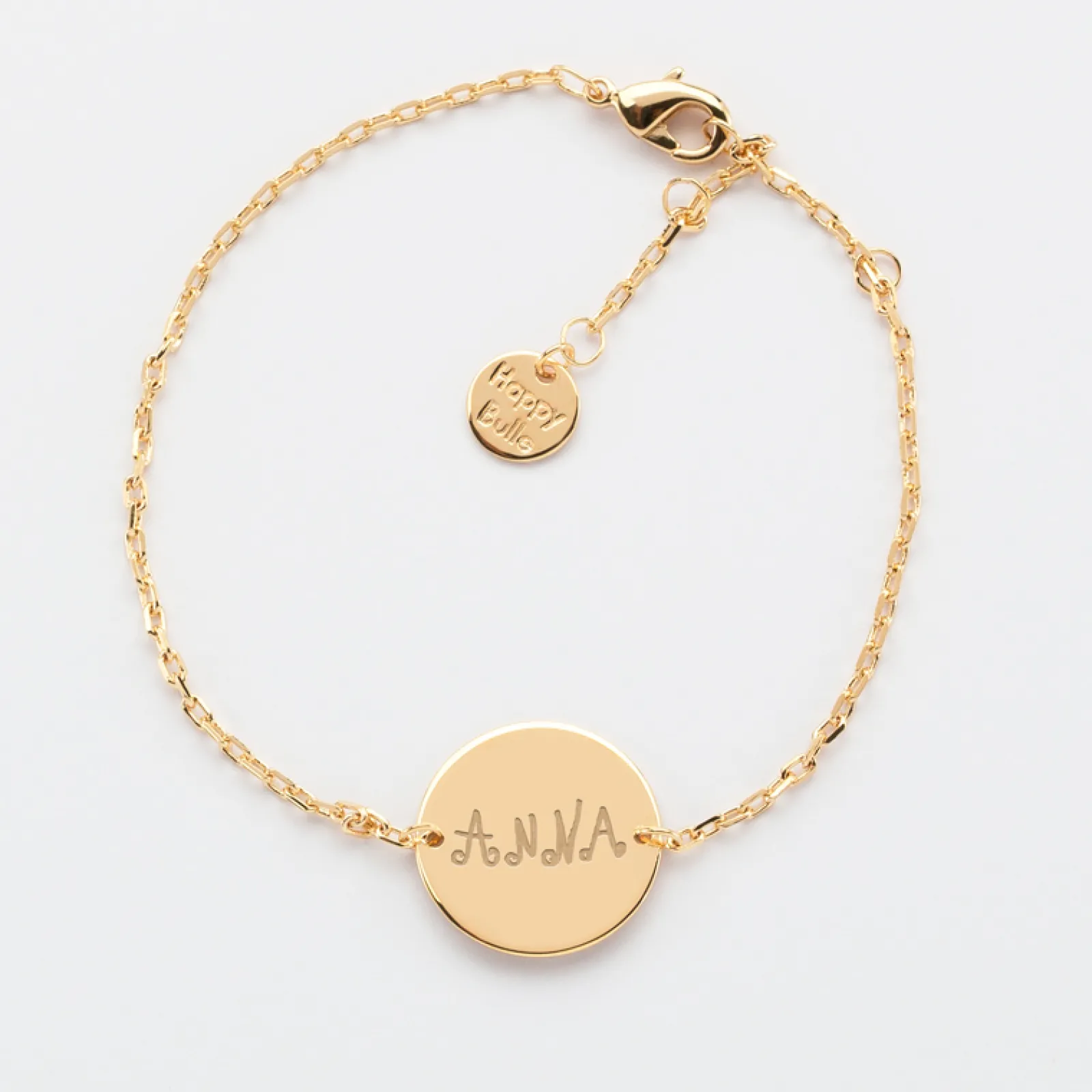 New HappyBulle Bracelet Baptême enfant chaîne personnalisé médaille gravée plaqué or 2 trous 15 mm Plaqué or 18k