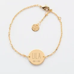 Hot HappyBulle Bracelet Baptême enfant chaîne personnalisé médaille gravée plaqué or 2 trous 15 mm - Nos petits imparfaits Plaqué or 18k