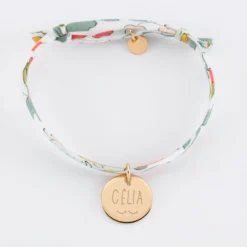 New HappyBulle Bracelet Baptême enfant Liberty personnalisé médaille gravée plaqué or 15 mm Plaqué or 18k