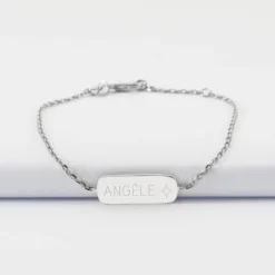 Hot HappyBulle Bracelet chaine enfant personnalisé médaille gravée argent plaque 20x8 mm - x Capucine Argent rhodié 925