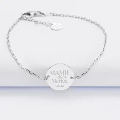New HappyBulle Bracelet chaine Famille des mariés personnalisé médaille gravée argent 2 trous 15 mm Argent rhodié 925
