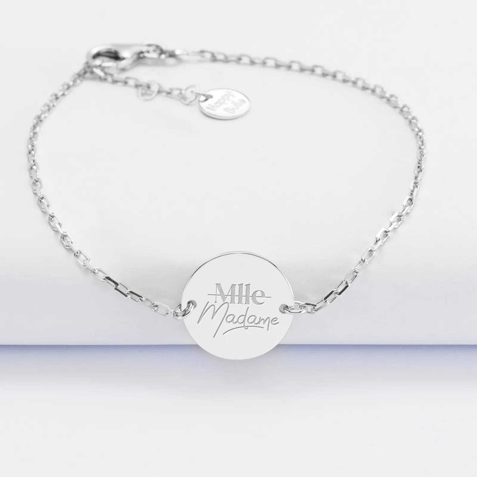 Sale HappyBulle Bracelet chaine Mariée personnalisé médaille gravée argent 2 trous 15 mm Argent rhodié 925