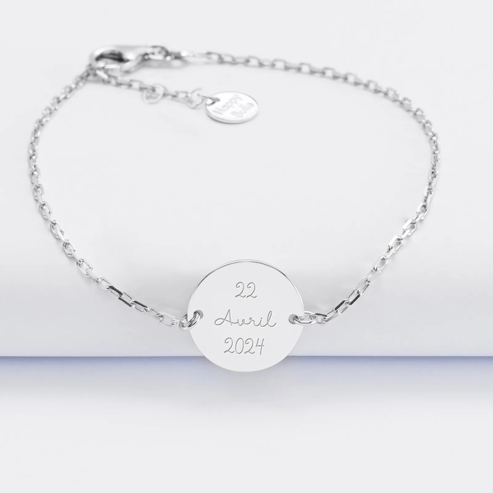 Sale HappyBulle Bracelet chaine Mariée personnalisé médaille gravée argent 2 trous 15 mm Argent rhodié 925