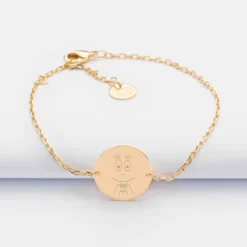 Hot HappyBulle Bracelet chaine personnalisé médaille gravée plaqué or 2 trous 15 mm - x Barbapapa Plaqué or 18k