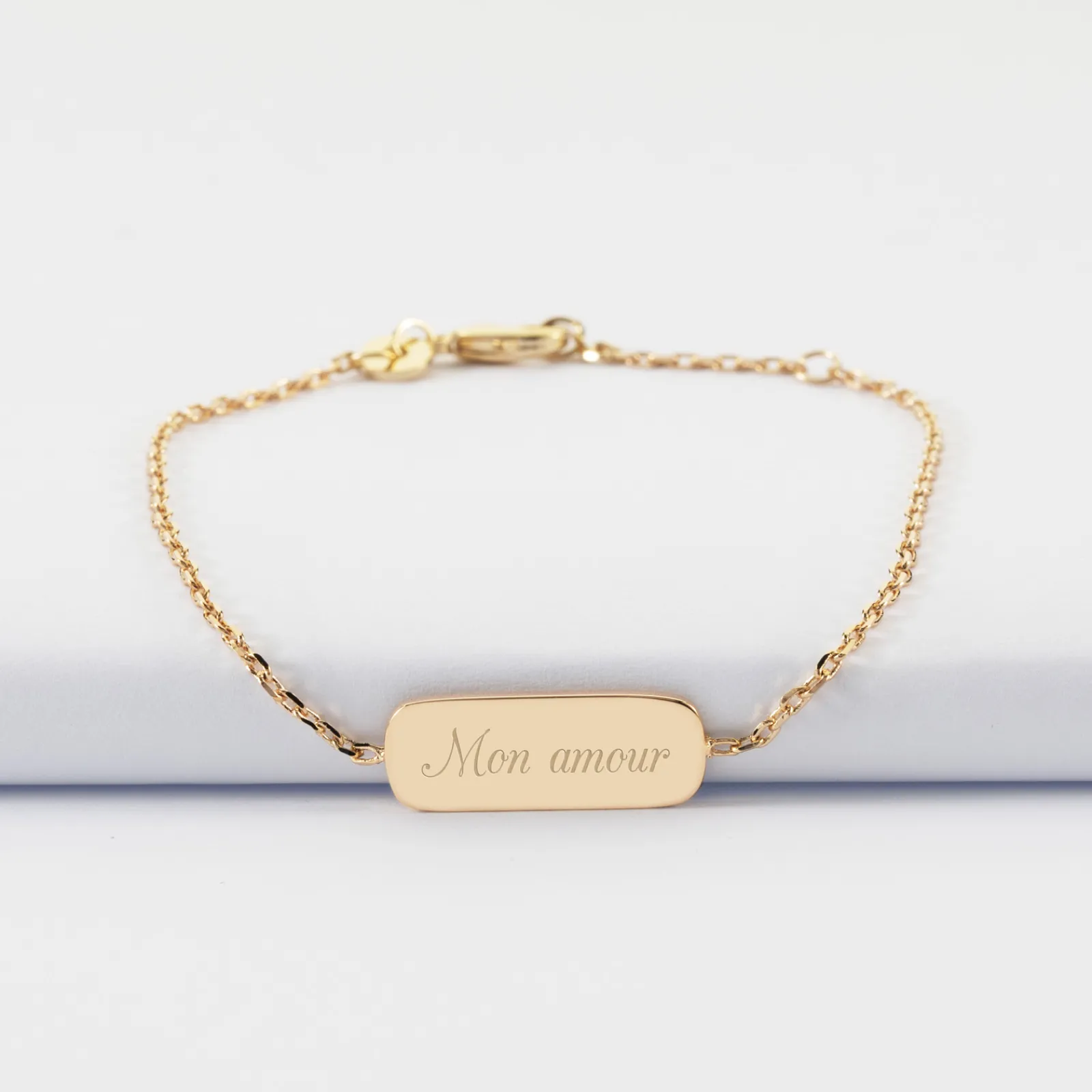 Clearance HappyBulle Bracelet chaine personnalisé médaille gravée plaqué or plaque 20x8 mm Plaqué or 18k