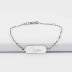Clearance HappyBulle Bracelet chaine personnalisé médaille gravée argent plaque 20x8 mm Argent rhodié 925