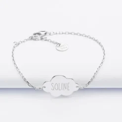 Discount HappyBulle Bracelet chaîne baptême enfant personnalisé médaille gravée argent nuage 2 trous 20x14 mm Argent rhodié 925