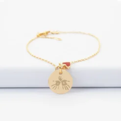 New HappyBulle Bracelet chaîne coeur émail rouge personnalisé médaille gravée plaqué or 15 mm Plaqué or 18k