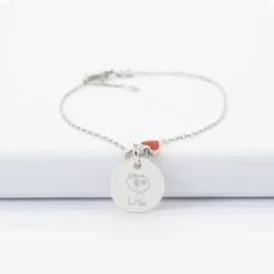 HappyBulle Bracelet chaîne coeur émail rouge personnalisé médaille gravée argent 15 mm Argent rhodié 925