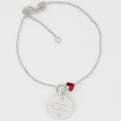 HappyBulle Bracelet chaîne coeur émail rouge personnalisé médaille gravée argent 15 mm Argent rhodié 925