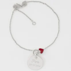 HappyBulle Bracelet chaîne coeur émail rouge personnalisé médaille gravée argent 15 mm Argent rhodié 925