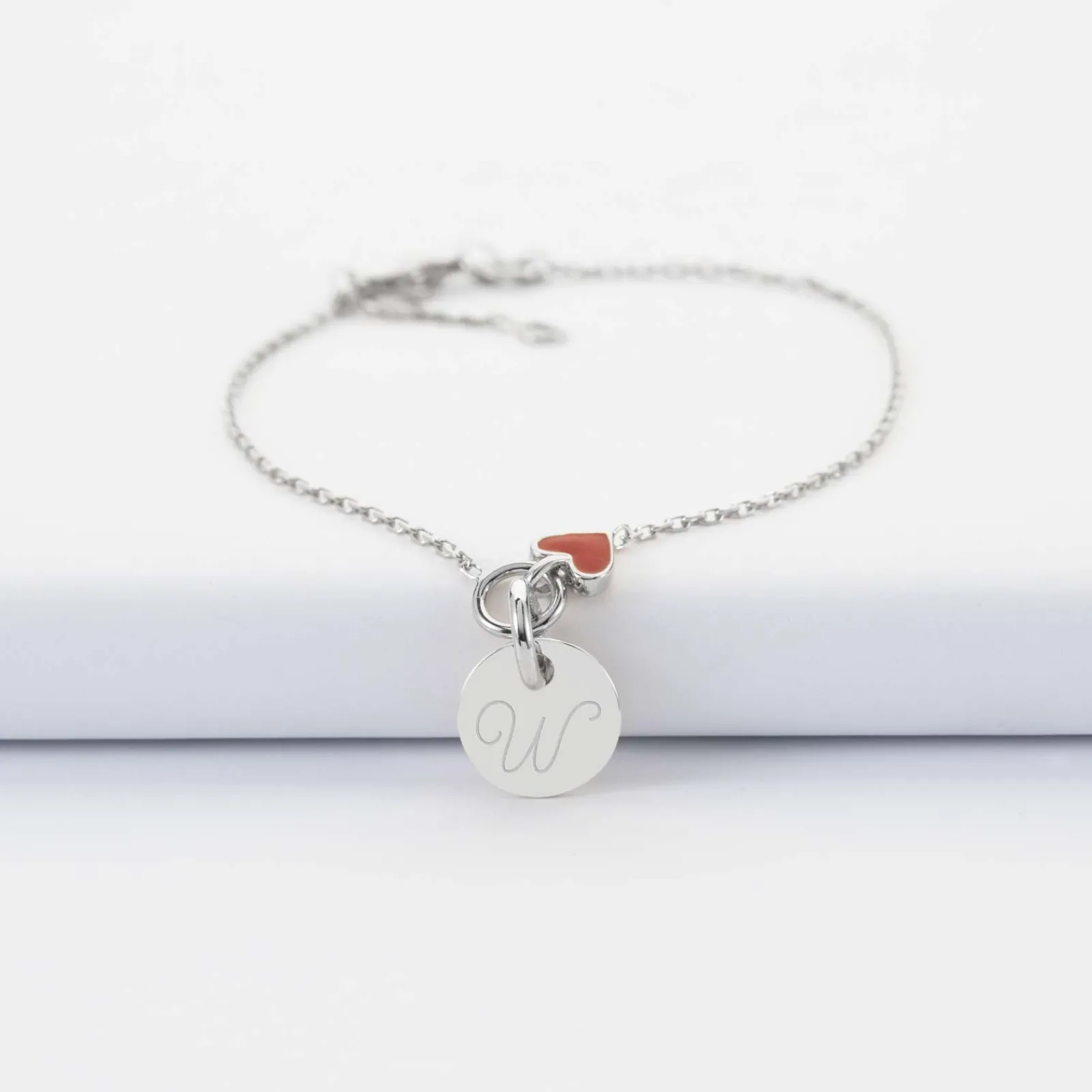 Online HappyBulle Bracelet chaîne coeur émail rouge personnalisé médaille gravée argent 10 mm Argent rhodié 925