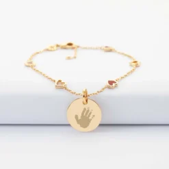 Clearance HappyBulle Bracelet chaîne coeurs ajourés et email personnalisé médaille gravée plaqué or 15 mm